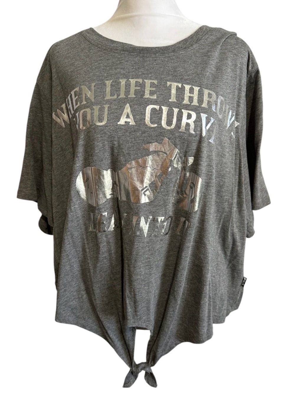 Gray Tie-Front Graphic Tee with Metallic Silver Print
